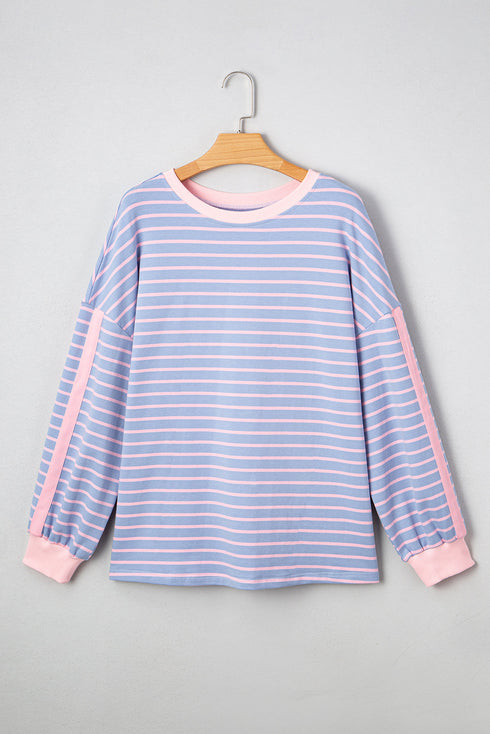 Slouchy Striped Contrast Trim Oversized Loungewear Pullover Top